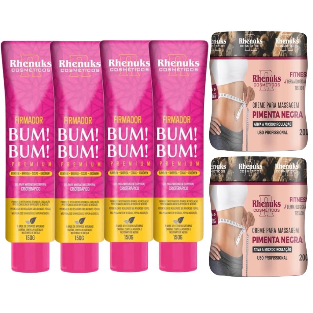 2und Gel Redutor De Medidas Pimenta Negra 200g + 4und Gel Firmador De Bumbum/ Barriga/ Coxas 150g