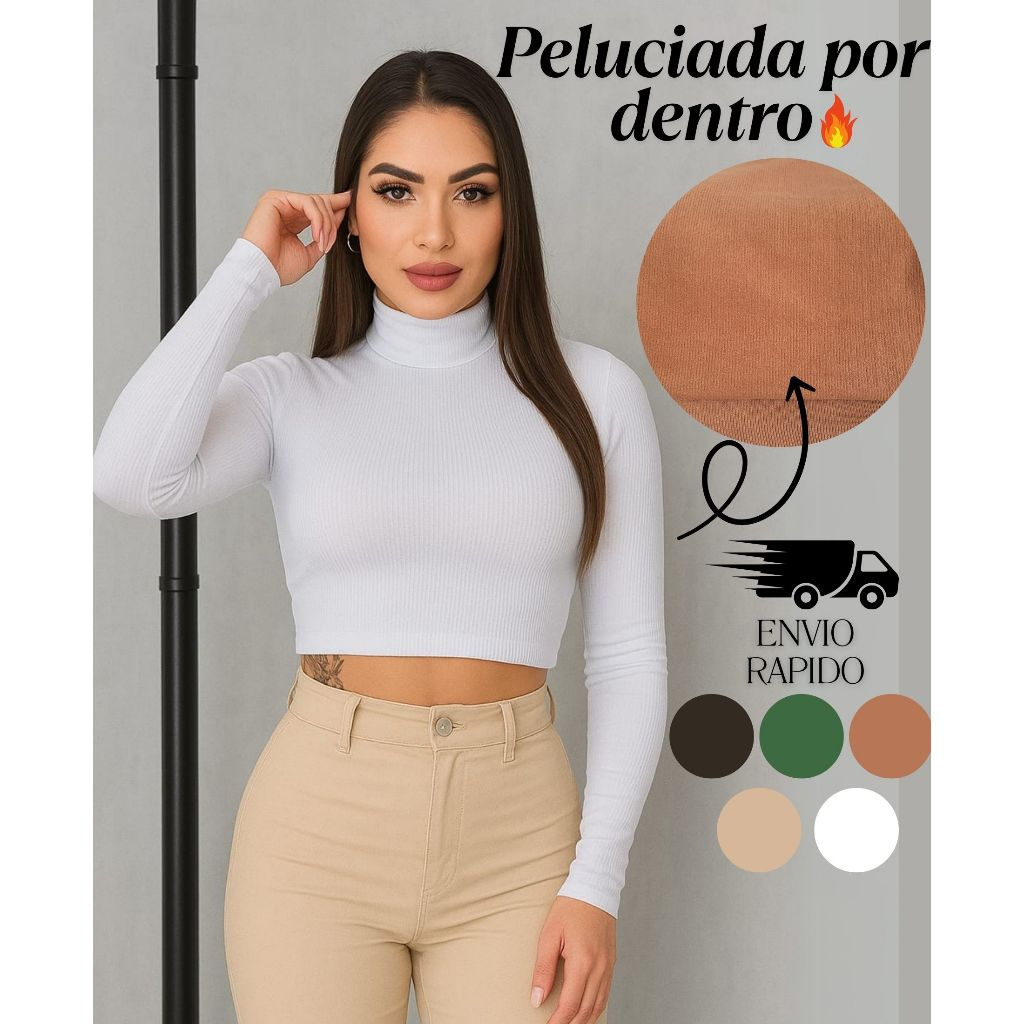 Blusa Cropped Feminino Manga Longa Cacharrel Canelado Confortável Gola Alta Comprimida