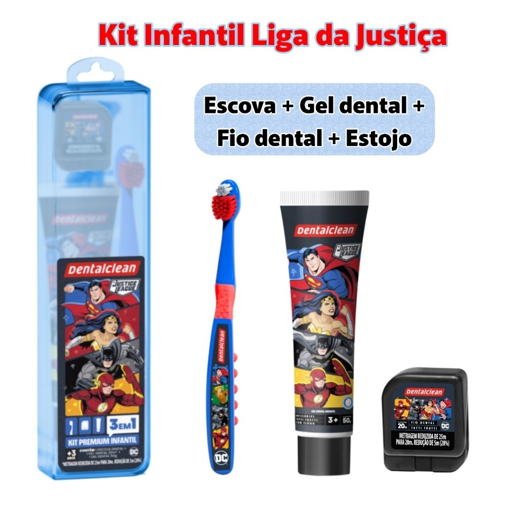 Kit infantil Escova de dente + Gel dental + Fio dental Liga da Justiça em Oferta na Shopee