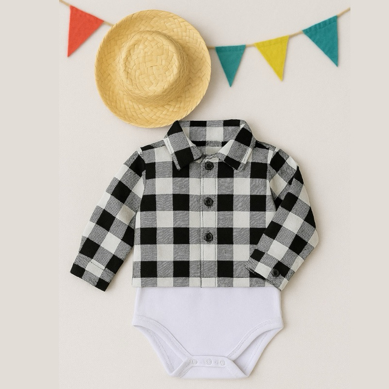 Kit Body Bebê Festa Junina Xadrez Unissex + Chapéu Look Caipira São João Mesversário Roupa Bebê Envio Imediato