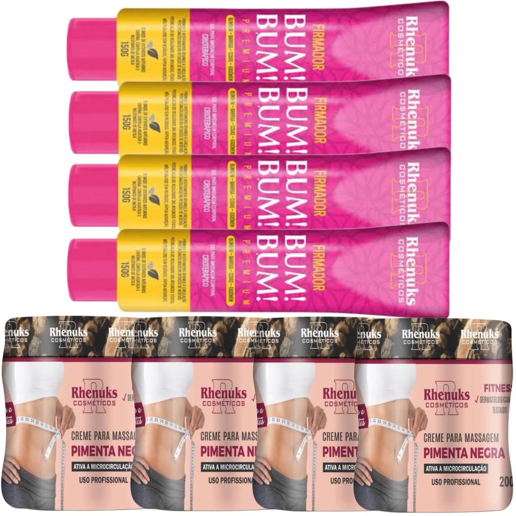 4und Gel Redutor De Medidas Pimenta Negra 200g + 4und Gel Firmador De Bumbum/ Barriga/ Coxas 150g