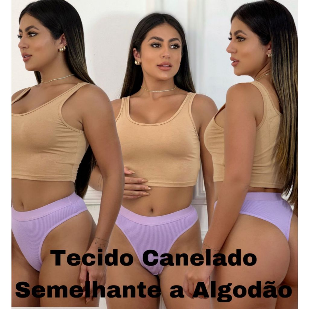 Kit 3 Calcinhas Canelado Tecido Forro 100% Algodão Fio Dental Elástico Básica Confortavel