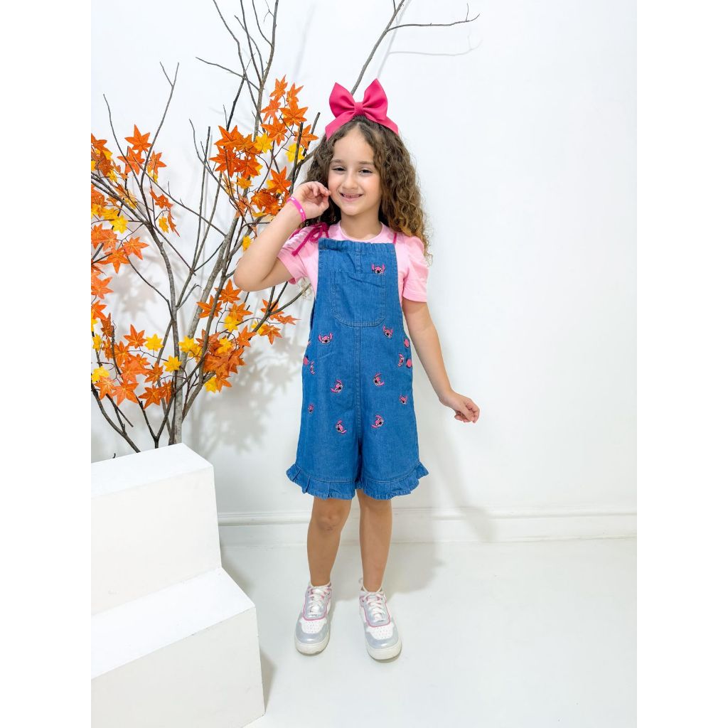 Jardineira Jeans Infantil Menina Azul Escuro Premium com Babado Moderna Confortável Moda Kids Blogueirinha Estilo Gringa