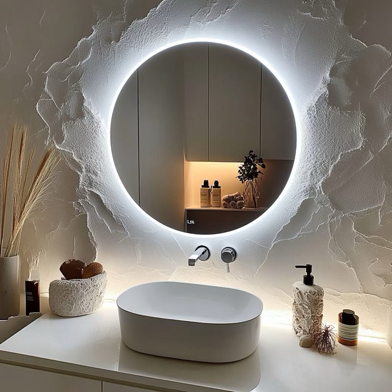 Espelho Redondo 60x60cm Lapidado Led com fonte ambiente Moderno Decoração