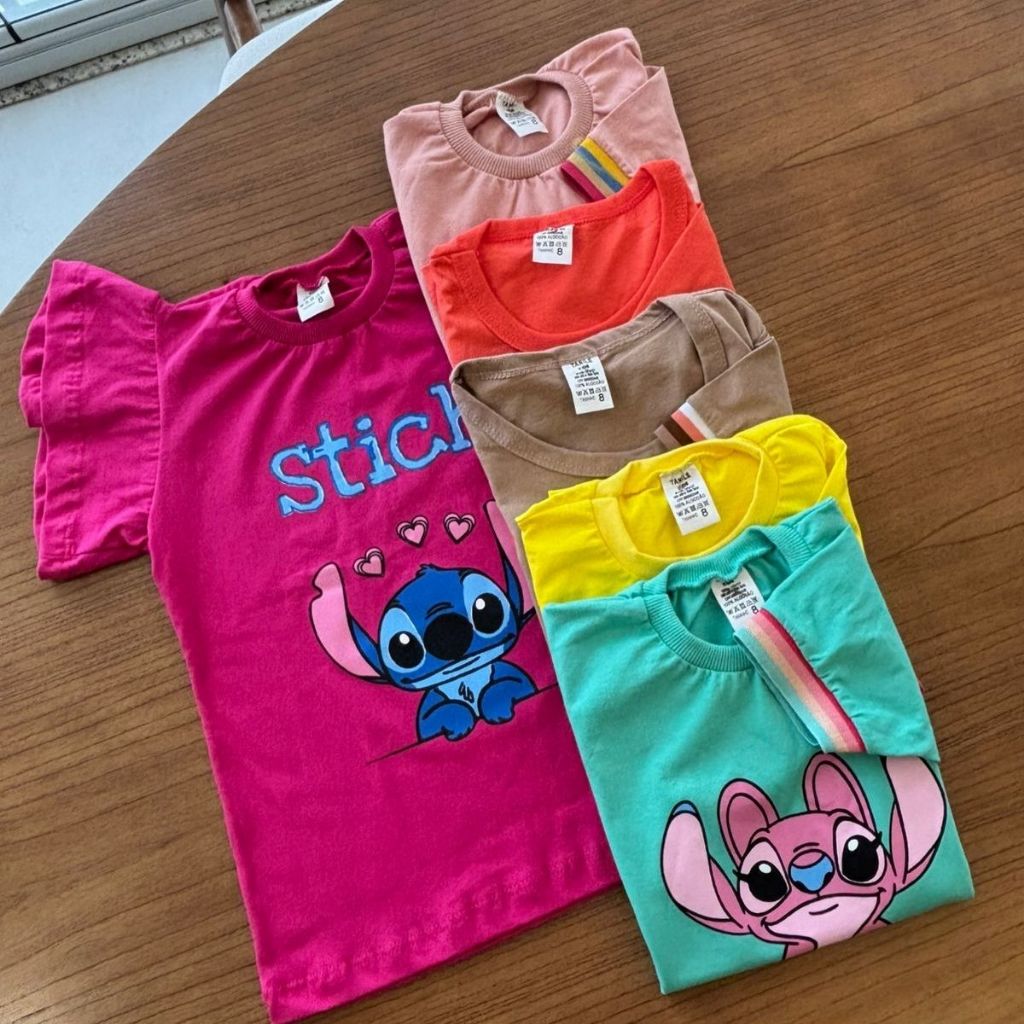kit Com 5, Kit com 3 ou Kit com 2 Peças Tshirt infantil blusinha feminina manguinha bufante + barrinha colorida estampas em Oferta na Shopee