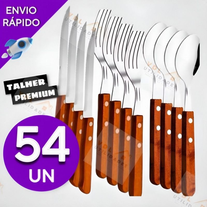 Jogo de Talheres Cabo Madeira 54 peças Aço Inox 18 Facas 18 Garfos e 18 Colheres de Mesa Casa Para Restaurante