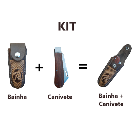 Kit Bainha Canivete Couro Legítimo + Canivete Aço Carbono Cabo de Madeira