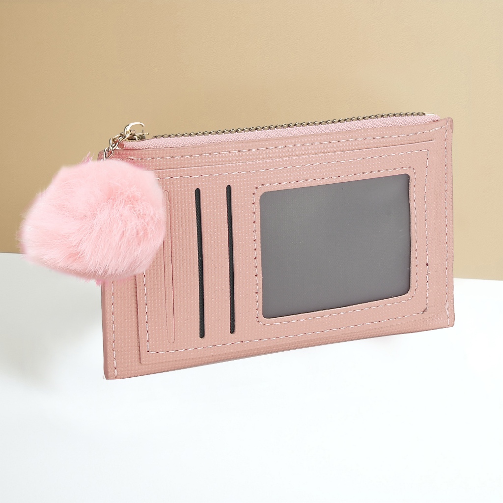 Carteira Porta Cartão Feminina com Pompom Zíper Slim Q167