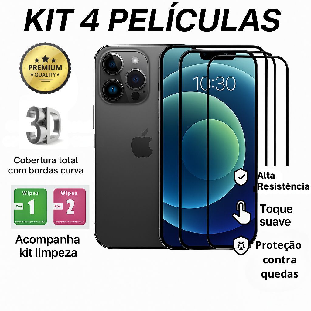 Kit 4 Pelicula de Vidro Temperado 3D Película Iphone XR 11 12 13 14 15 16 17 Air Pro Max Plus em Oferta na Shopee