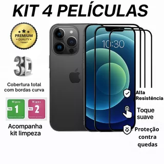 Kit 4 Pelicula de Vidro Temperado 3D Película Iphone XR 11 12 13 14 15 16 17 18 Air Pro Max Plus