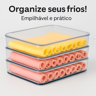 Porta Frios Hermético Presunto Queijo Kit Acrílico Resistente Triplo Pote Mantimentos em Oferta na Shopee