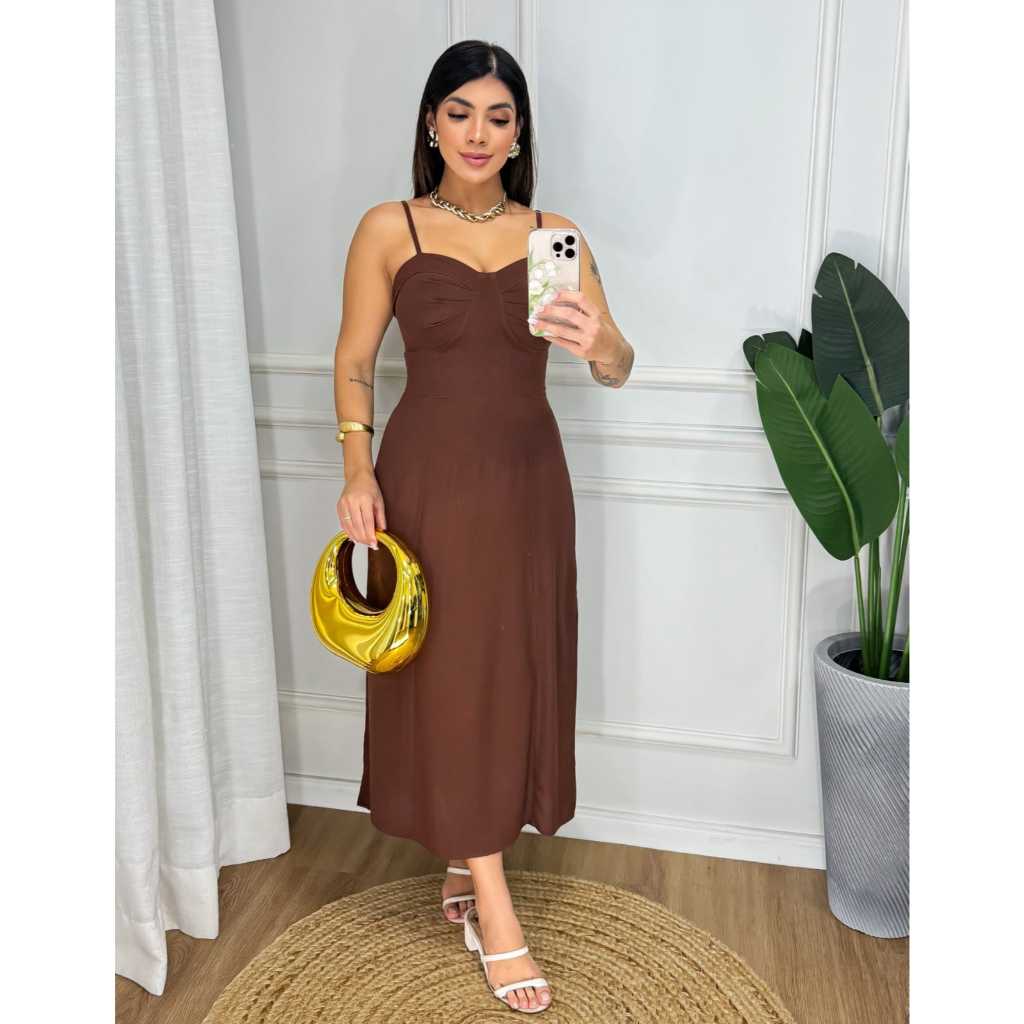 Vestido Femenino Midi Tecido Viscolinho   e linho     Tem Elastex  Ziper Lateral  ,, Forro