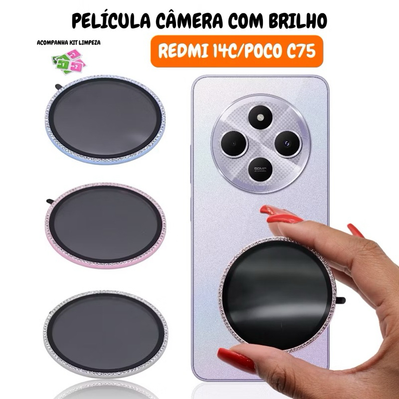 Kit Película Lente Câmera Brilho brilhante Diamante para redmi 14c Poco C75