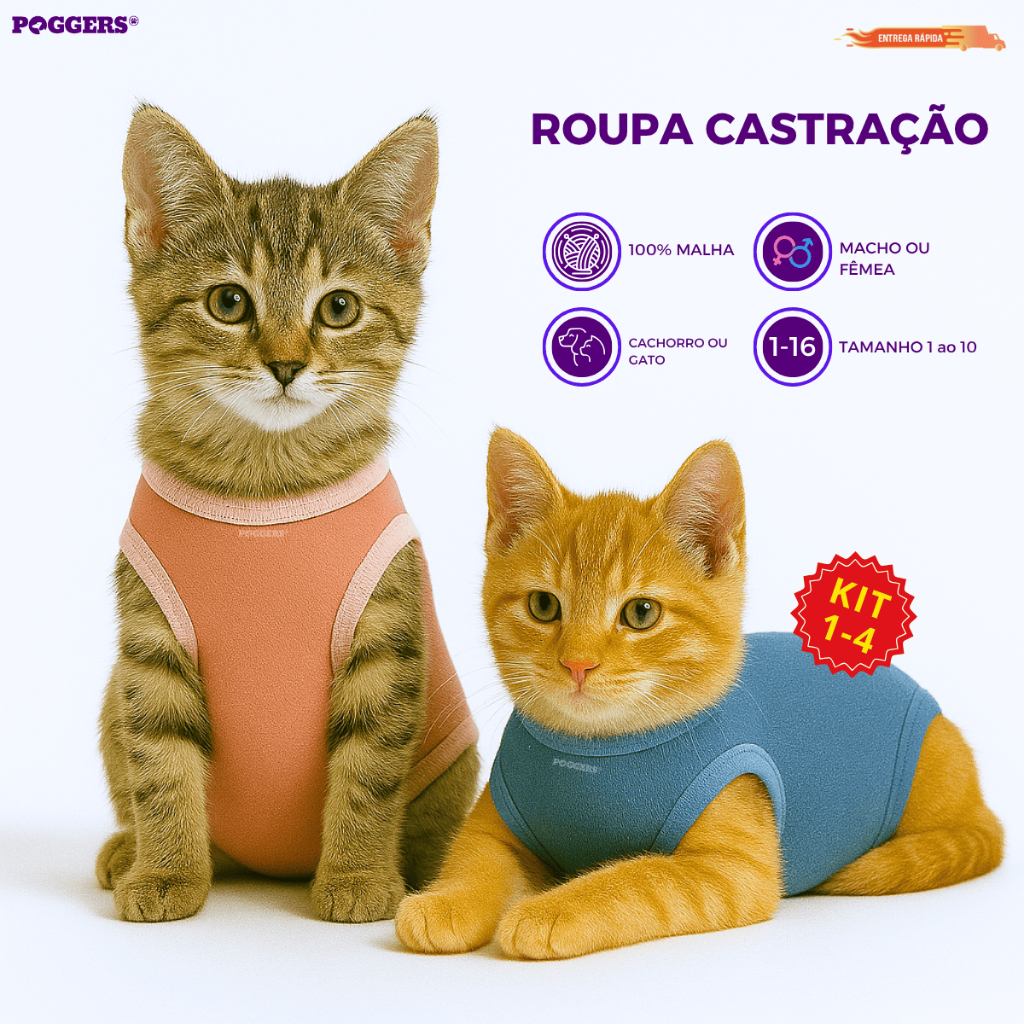 Kit 1-4 Roupa Castração Protetora para Gatos pós cirúrgica macho e fêmea - Tamanho 1 ao 10