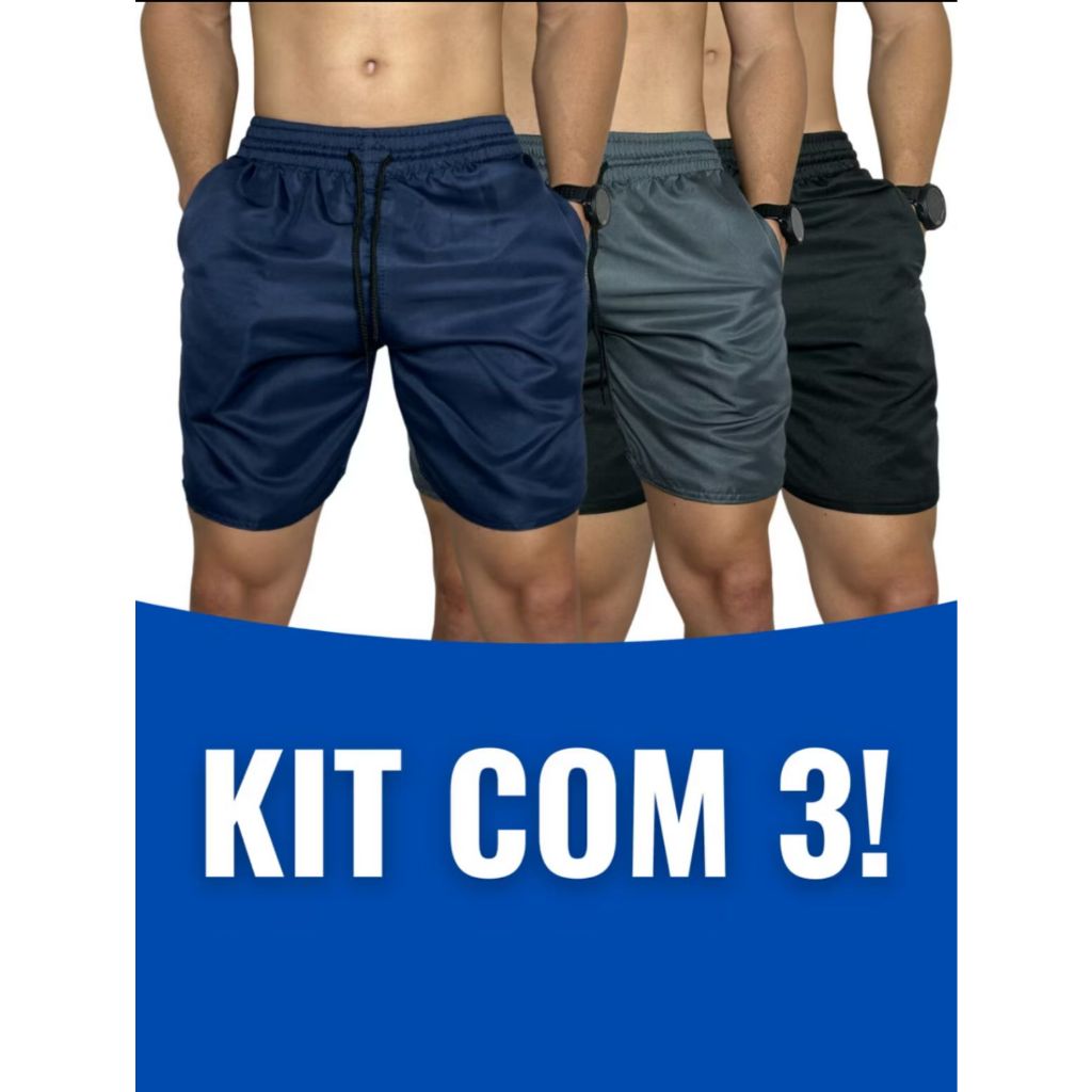Kit Com 3 Shorts Masculino Fitness Treino Elástico Verão 3 Bolso Zíper Surf