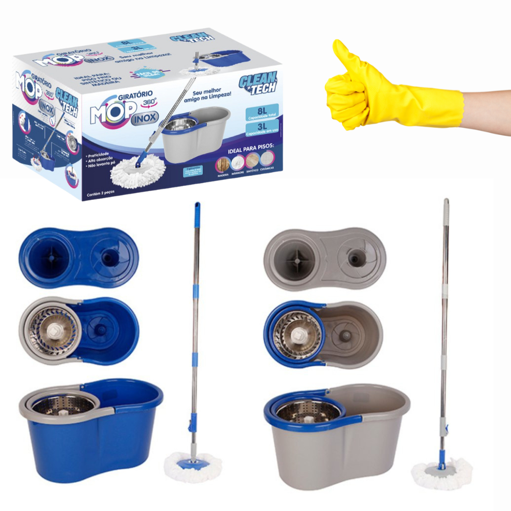 Mop Balde Esfregão Giratório Centrifuga c/ Alça Sortido - Cesto 8L Cabo extensor 130cm