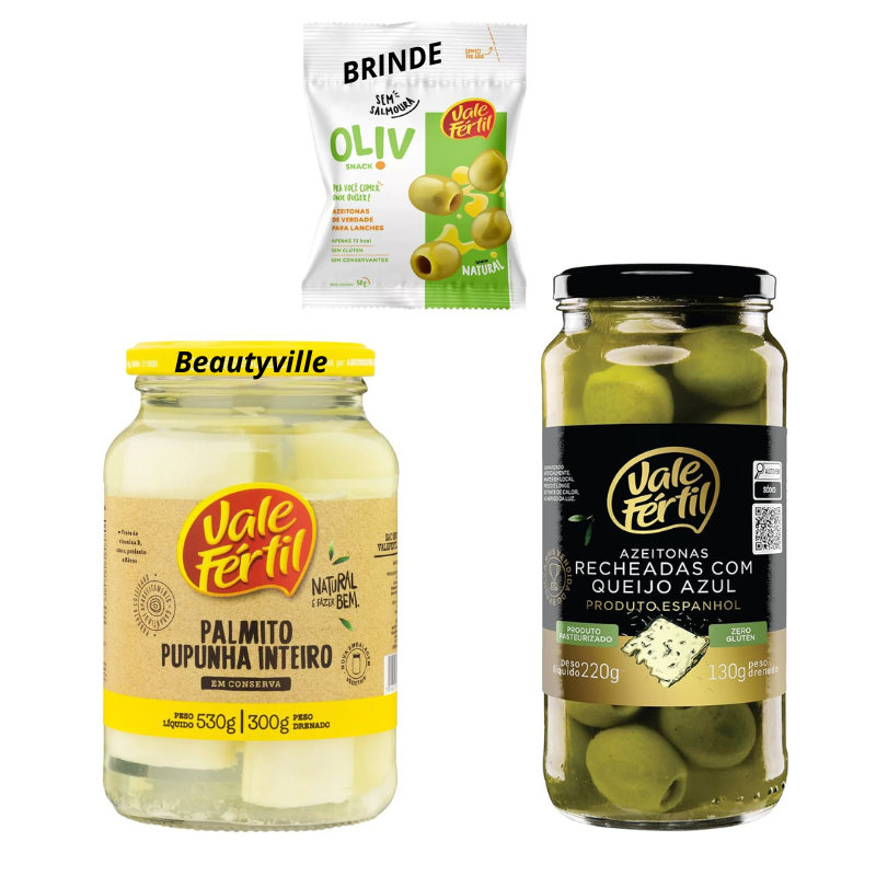 Palmito Pupunha Em Conserva Inteiro 300g Vale Fértil + Azeitona Verde Recheada com Queijo 130g