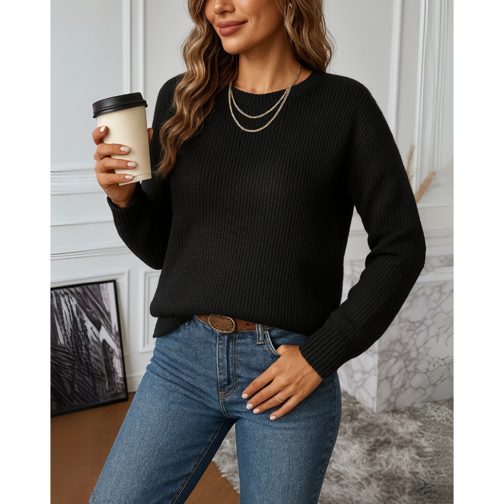 Blusa Manga Longa Feminina Suéter de Lã Tricot Lisa Blusa