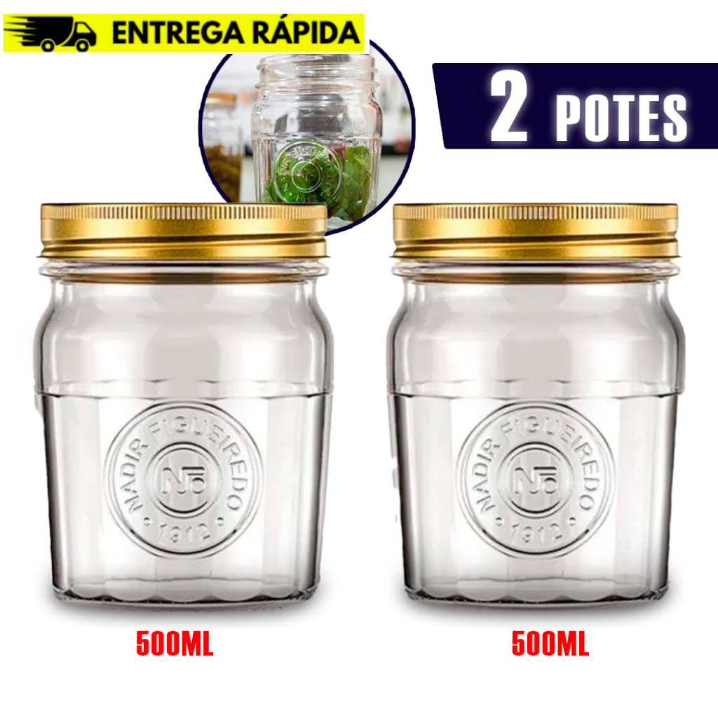KIT JOGO 2 Potes de Vidro Vintage Com Tampa Metálica P/ Mantimentos e Decoração - Nadir Figueredo
