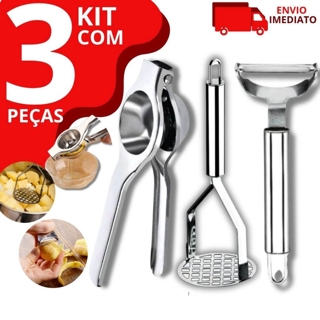 Kit 3 Peças Descascador de Legumes Amassador de Batatas Espremedor de Limão em Aço Inox em Oferta na Shopee