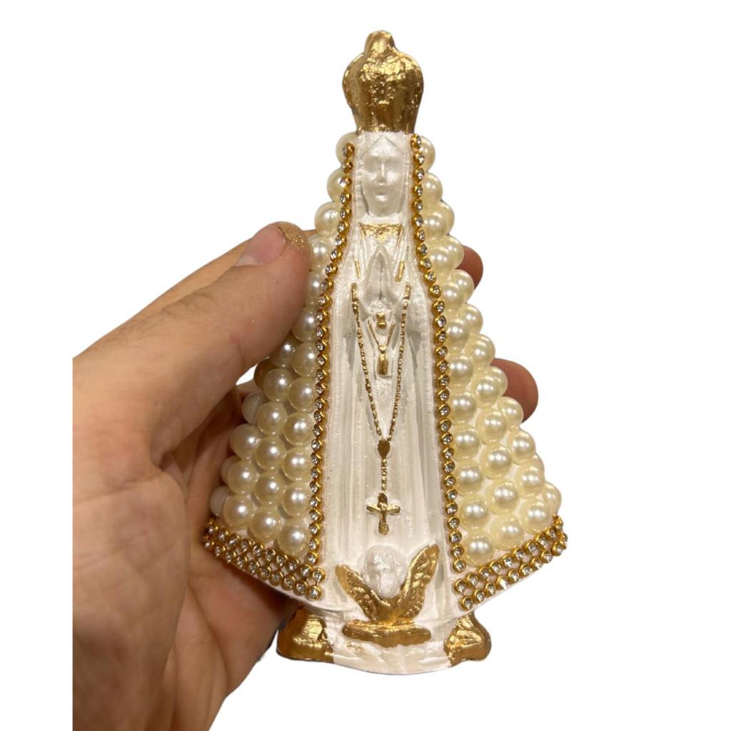 Nossa Senhora Aparecida 15cm Branca Perolado com detalhes Dourado em Gesso