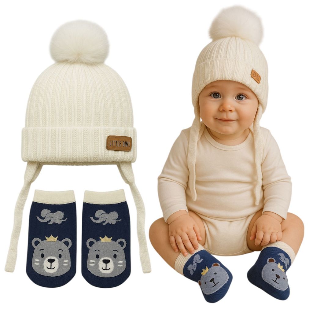 Kit Touca Bebê com Pompom Forro Pelúcia + Meia 3D Cano Alto Antiderrapante 0–12 / 12–24 Meses