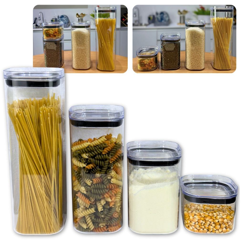 Kit Porta Mantimentos 4 Potes Herméticos Organizador Quadrado Empilhável Transparente Cozinha UZ