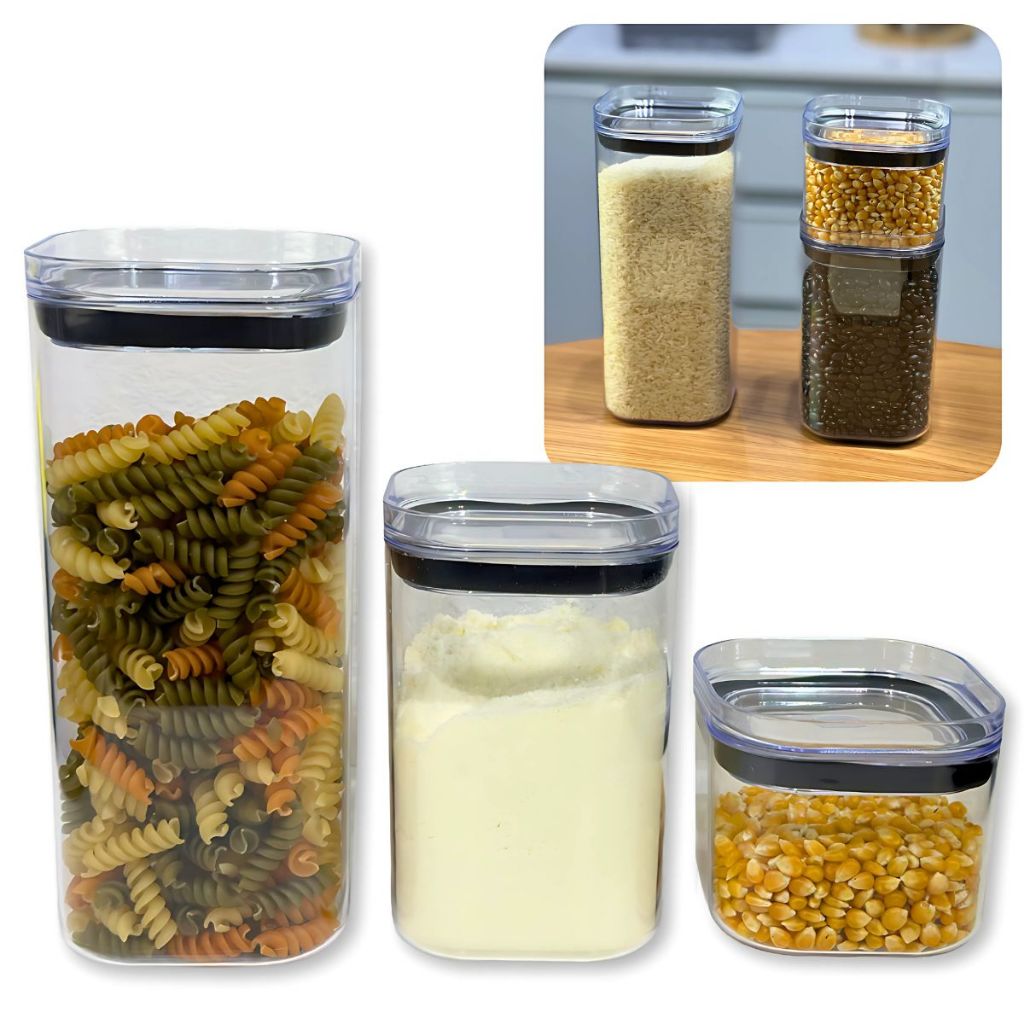 Kit 3 Porta Mantimento Potes Herméticos Quadrado Transparente De Acrílico Organizador Cozinha Uz