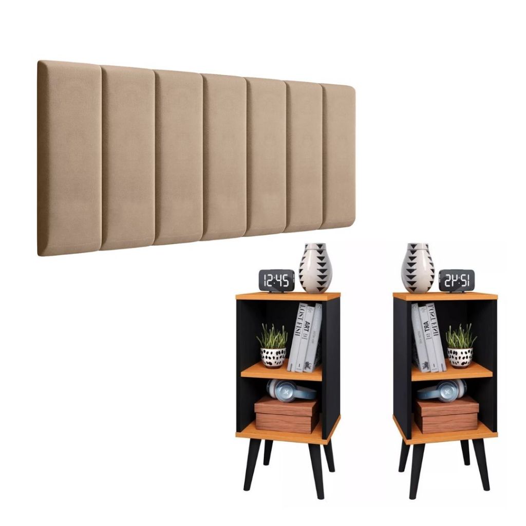 Conjunto 2 Mesa De Cabeceira PRETO/CINAMOMO E Cabeceira Modulada BEGE Cama Casal