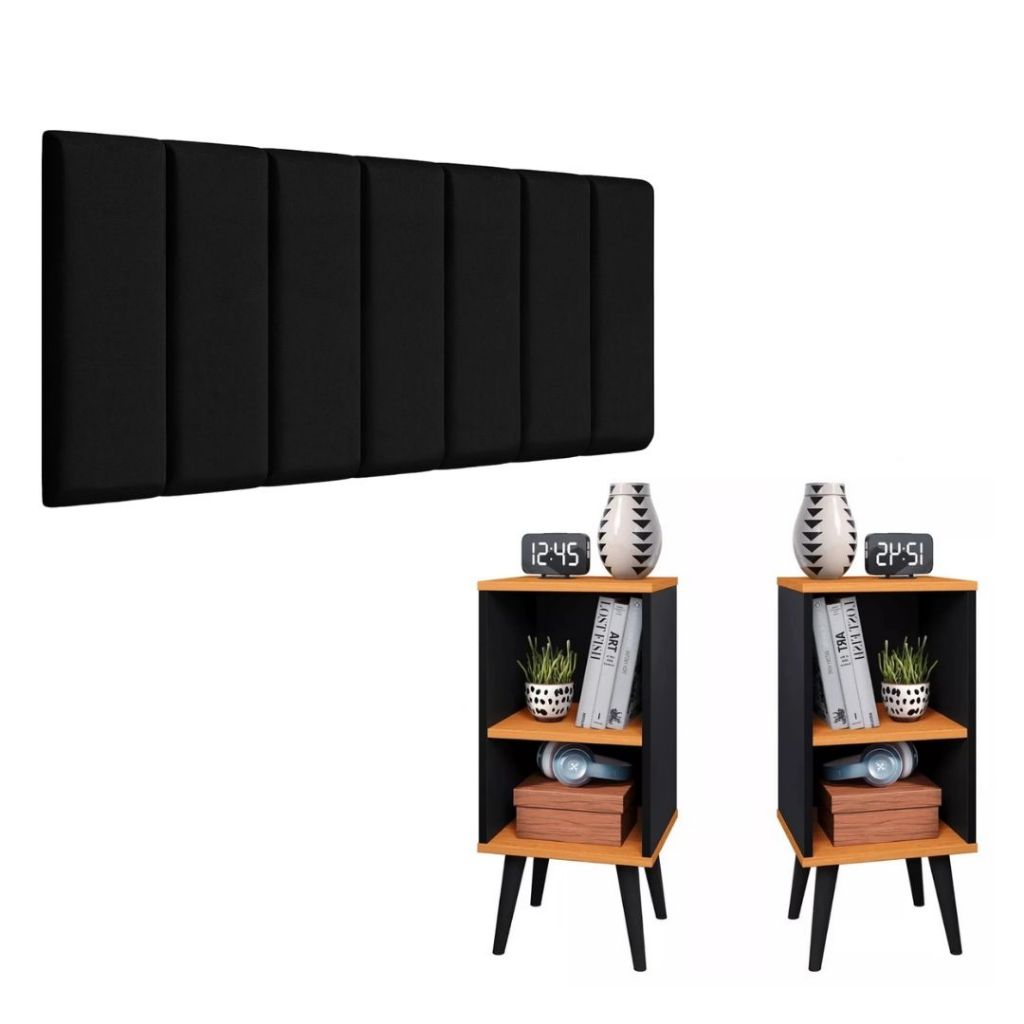 Conjunto 2 Mesa De Cabeceira E Cabeceira Modulada Cama Casal Cantinho de Cama Mesa de apoio Cama Preto cinamomo