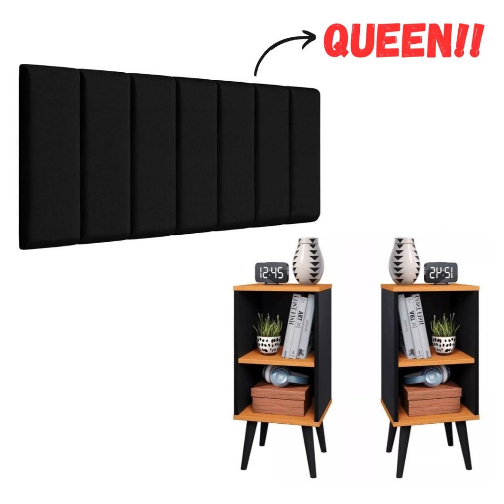 Conjunto 2 Mesa De Cabeceira E Cabeceira Queen Modulada Cama Queen kit quarto Cor Preto Cinamomo