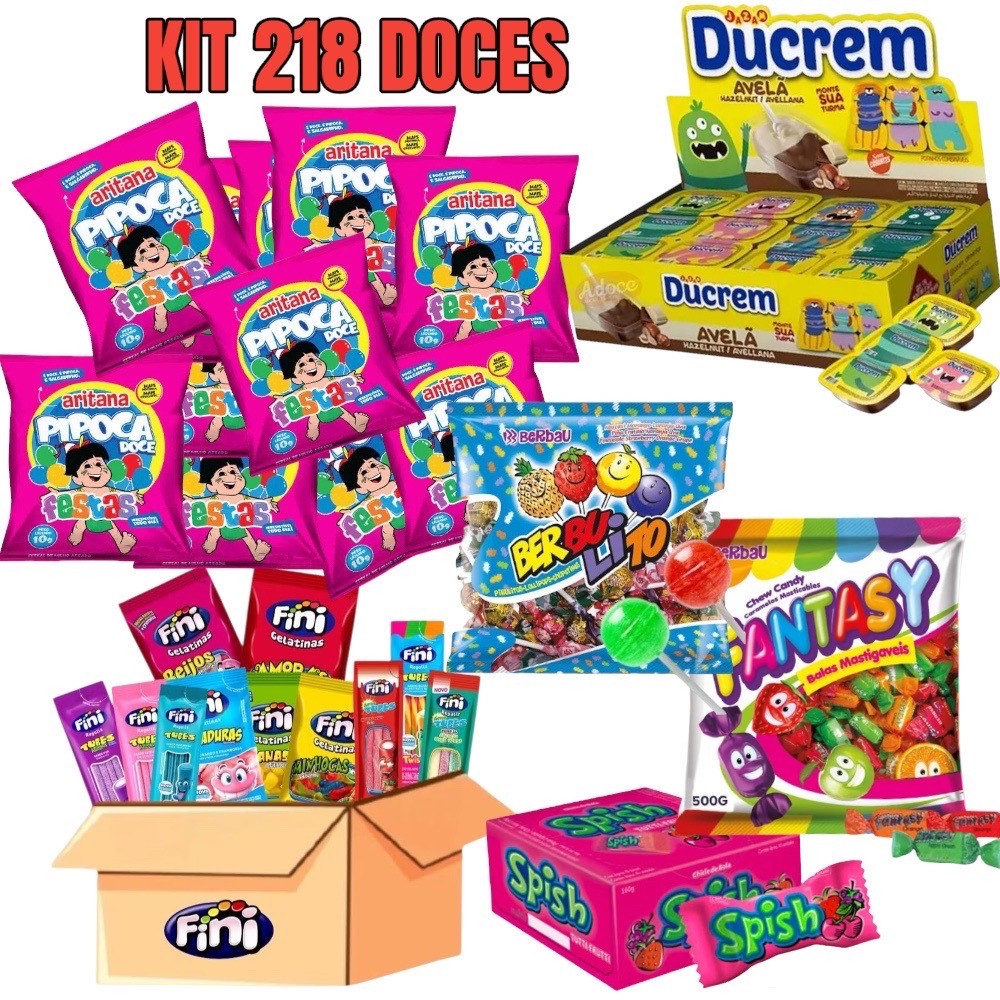 Kit 218 doces para Sacolinhas Surpresa Festa Doces Guloseimas bala chiclete pirulito Fini creme de avelã em Oferta na Shopee