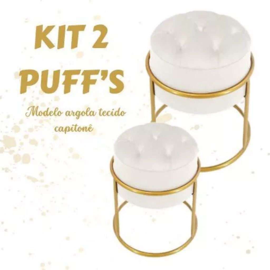 Kit 2 Puffs Argola Capitone Luxo Banqueta Base em Metal Banco para Penteadeira Dourado  Veludo