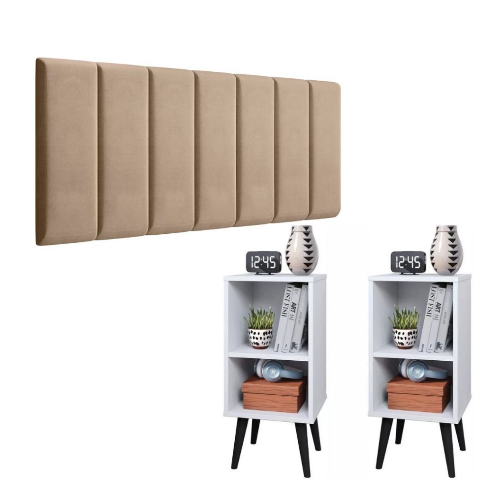 Conjunto 2 Mesa De Cabeceira BRANCO  E Cabeceira Modulada BEGE Cama Casal kit mozão quarto