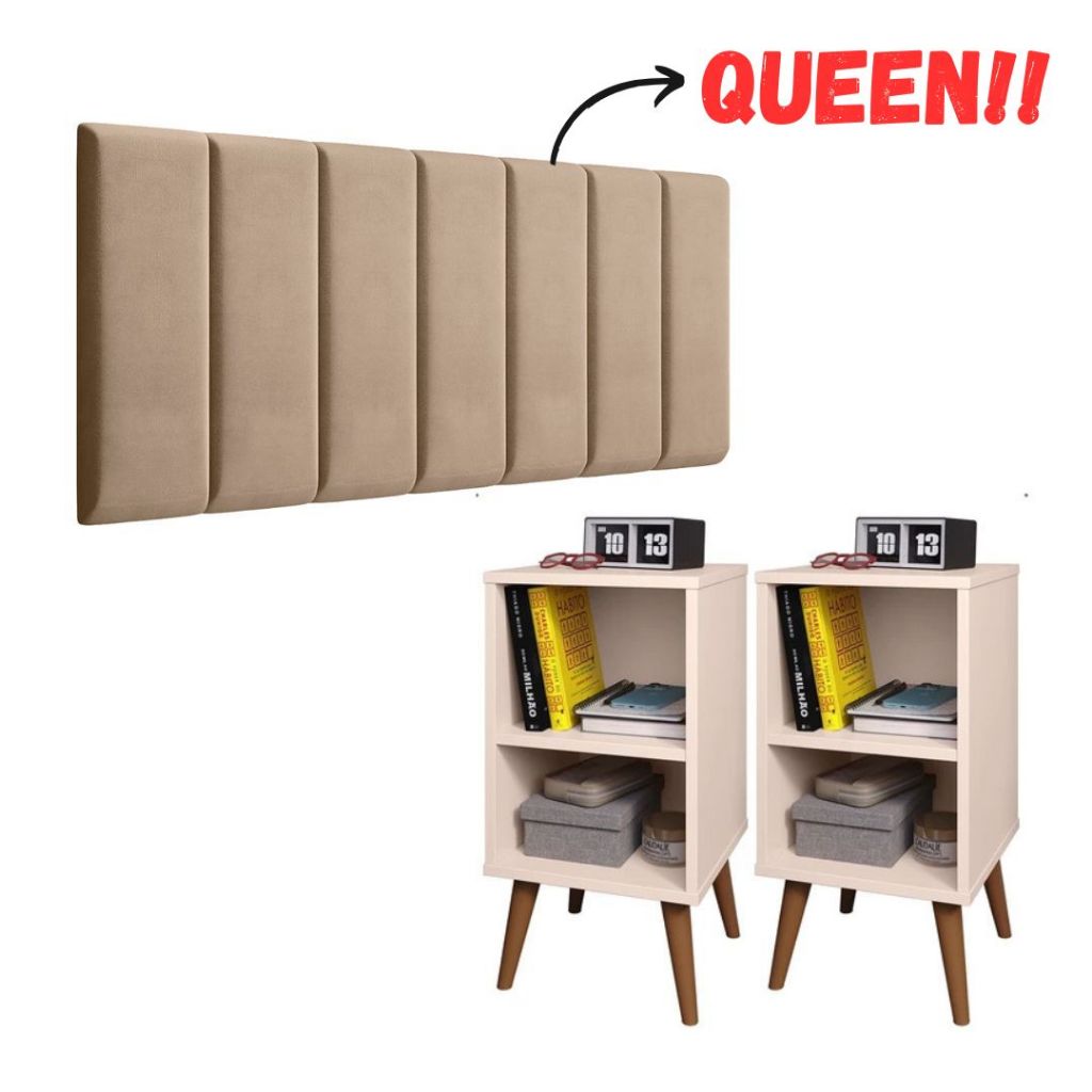Conjunto 2 Mesa De Cabeceira E Cabeceira Queen Modulada Cama Queen kit quarto Cor Off White Total