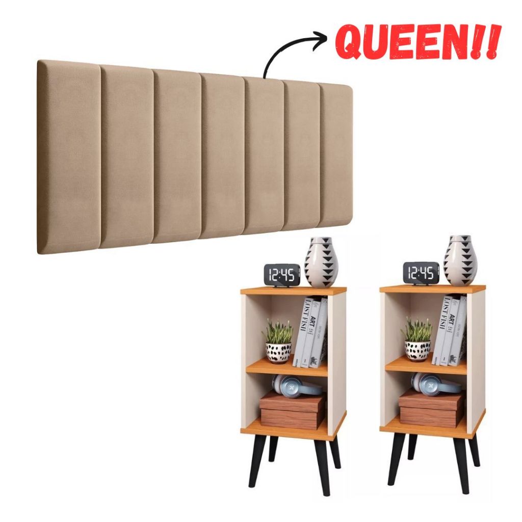 Conjunto 2 Mesa De Cabeceira E Cabeceira Queen Modulada Cama Queen kit quarto Cor Off White