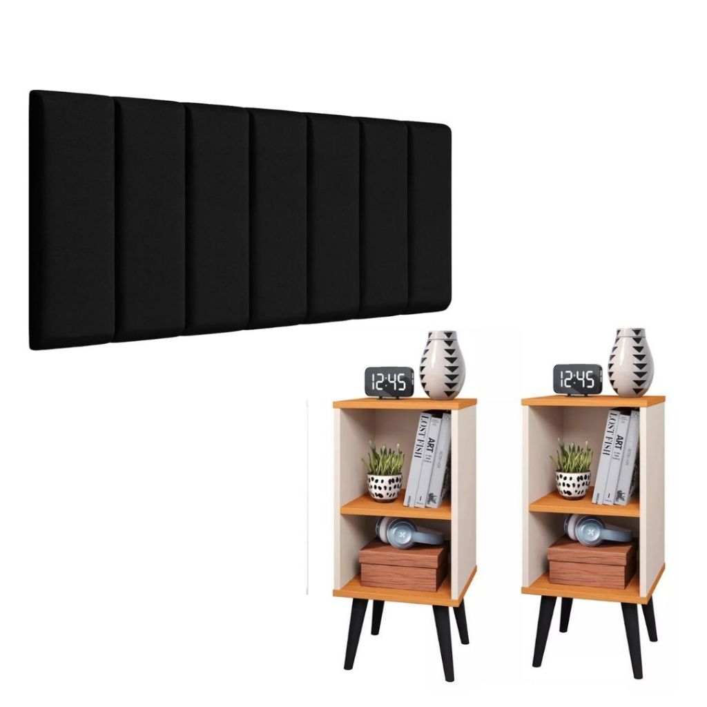 Conjunto 2 Mesa De Cabeceira E Cabeceira Modulada Cama Casal kit quarto Off White Cinamomo