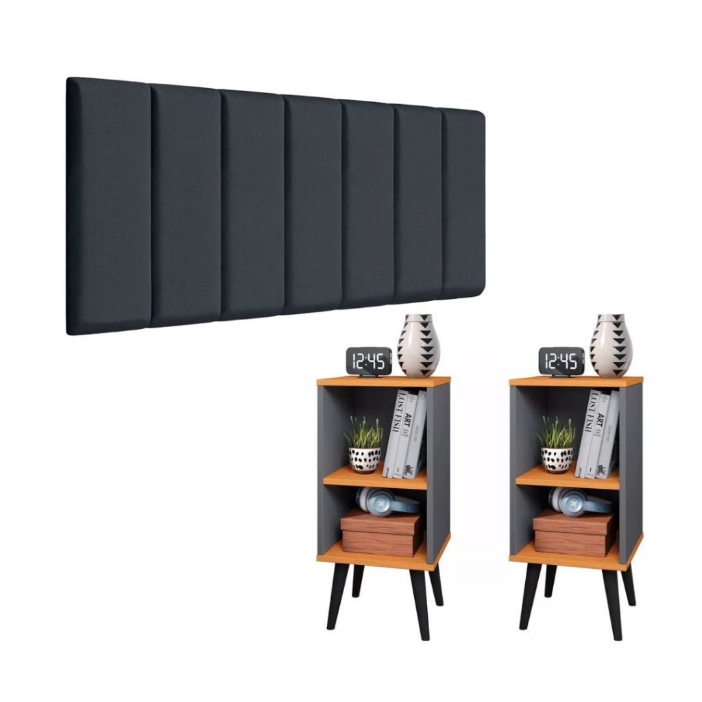 Conjunto 2 Mesa De Cabeceira E Cabeceira Modulada Cama Casal kit quarto conjunto mesa de cabeceira Cor Cinza