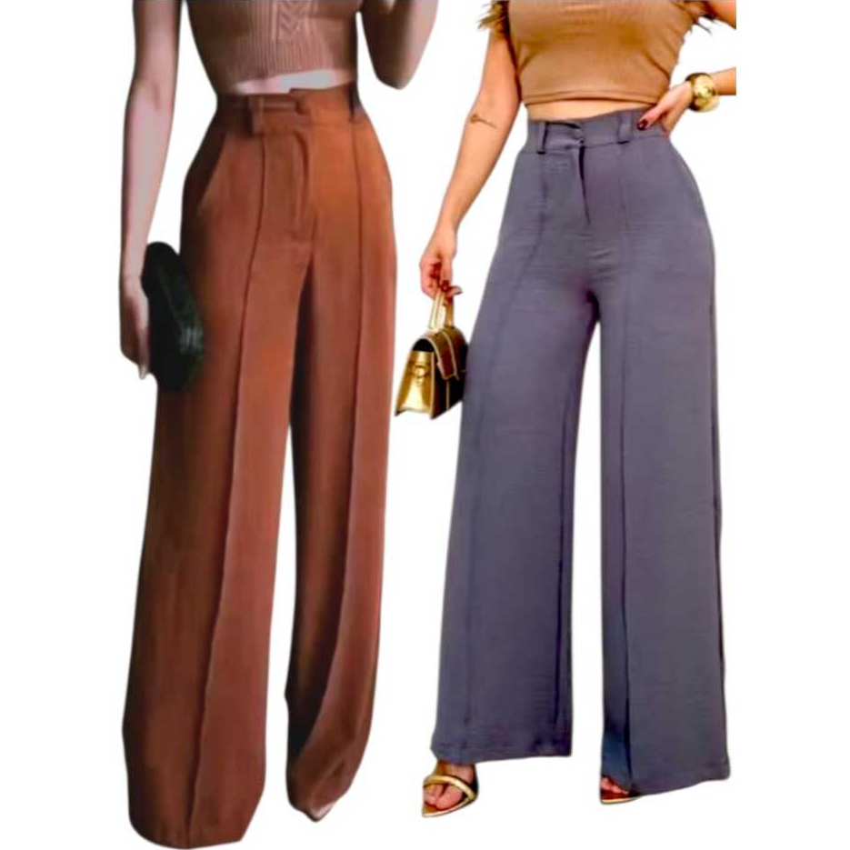 KIT C/2 Calças Feminina Pantalona Duna com Botão e forro Tendência 2025 em Oferta na Shopee