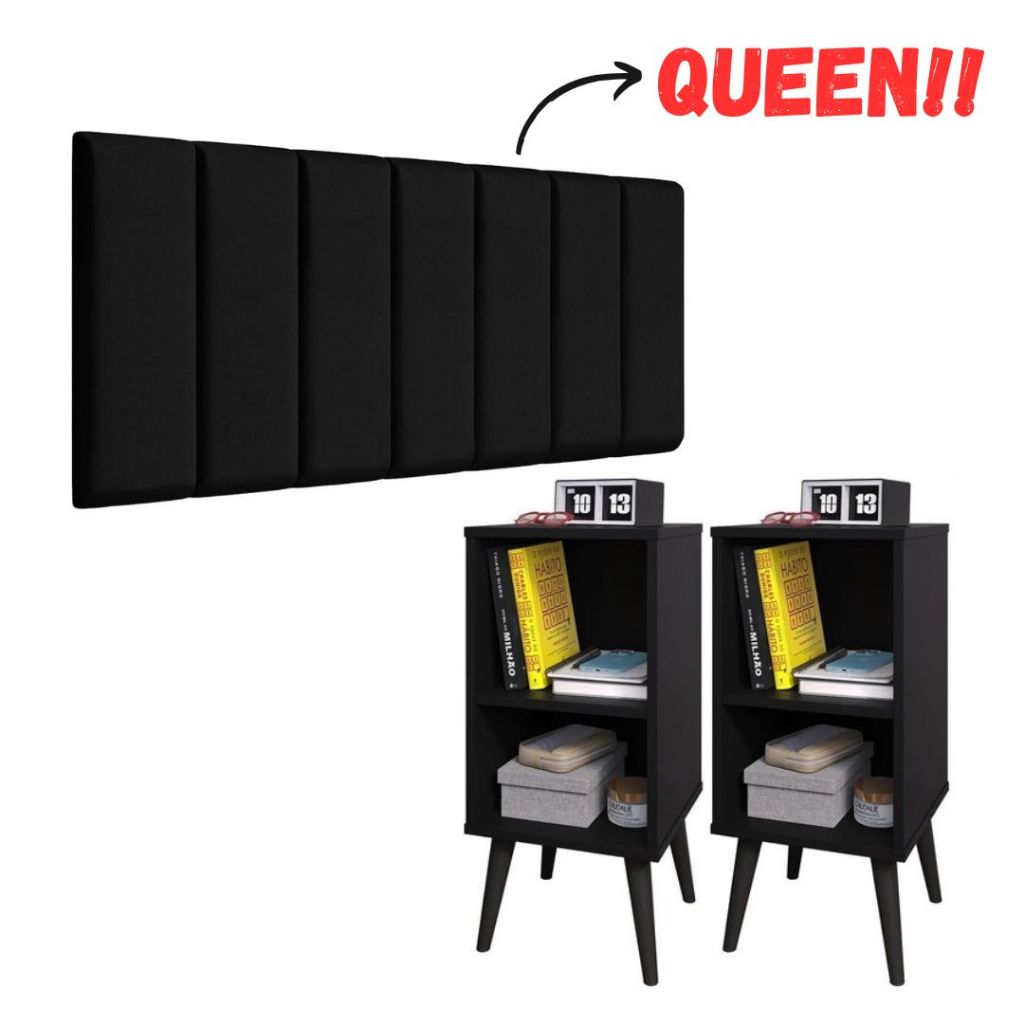 Conjunto 2 Mesa De Cabeceira E Cabeceira Queen Modulada Cama Queen kit quarto Preto total