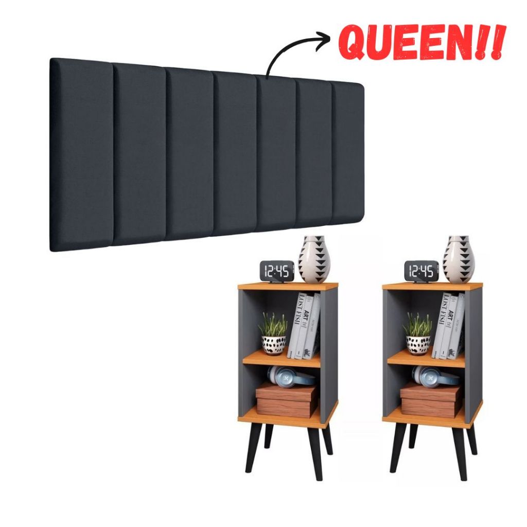 Conjunto 2 Mesa De Cabeceira E Cabeceira Queen Modulada Cama Queen kit quarto Cor Cinza Cinamomo