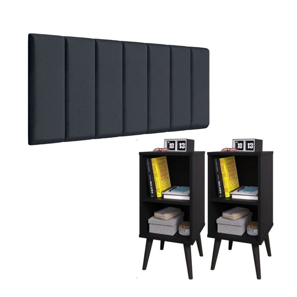 Conjunto 2 Mesa De Cabeceira E Cabeceira Modulada Cama Casal kit quarto Cor Cinza Kit Preto Total
