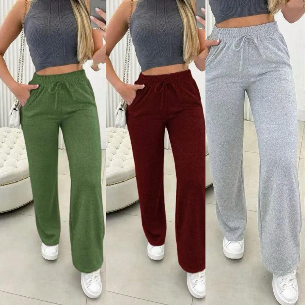 Calça Pantalona Lanzinha Feminina Com Bolso Cintura Alta com Elástico na Cintura