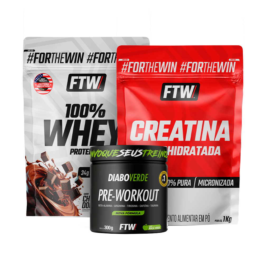 Kit Whey 100% Protein 1kg + Creatina Monohidratada 1 kg + Pré Workout Sabor Maçã Verde 300g  DIABO VERDE - FTW