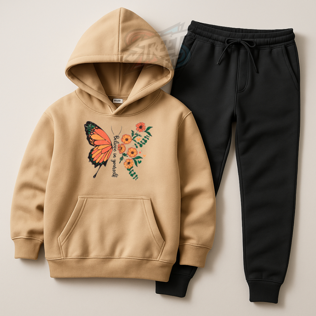 Conjunto Moletom Infantil Estamapado "Borboleta" Blusa de Frio Canguru e Calça Feminino
