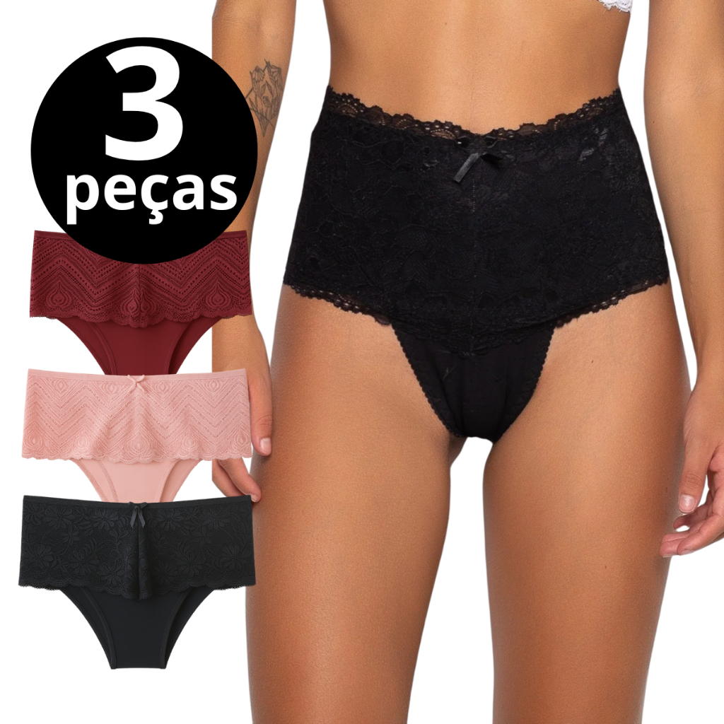 Kit 3 Calcinha Pós Parto Cintura Alta Modeladora de Algodão Cotton e Renda