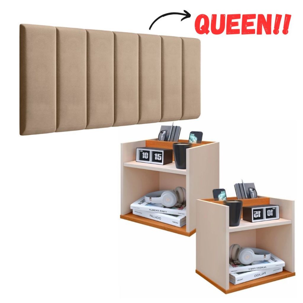 Conjunto Mozão mesa Quarto e Cabeceira Cama Elegante 1,60 Madri Cor Off White conjunto mesa de cabeceira Queen