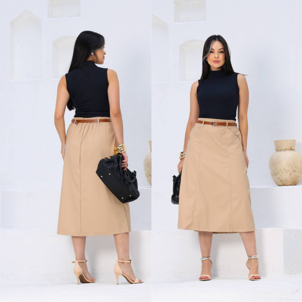 Saia Midi Evangélica Couro Ecológico com Bolsos e Elástico, Bege - Moda Evangelica Inverno