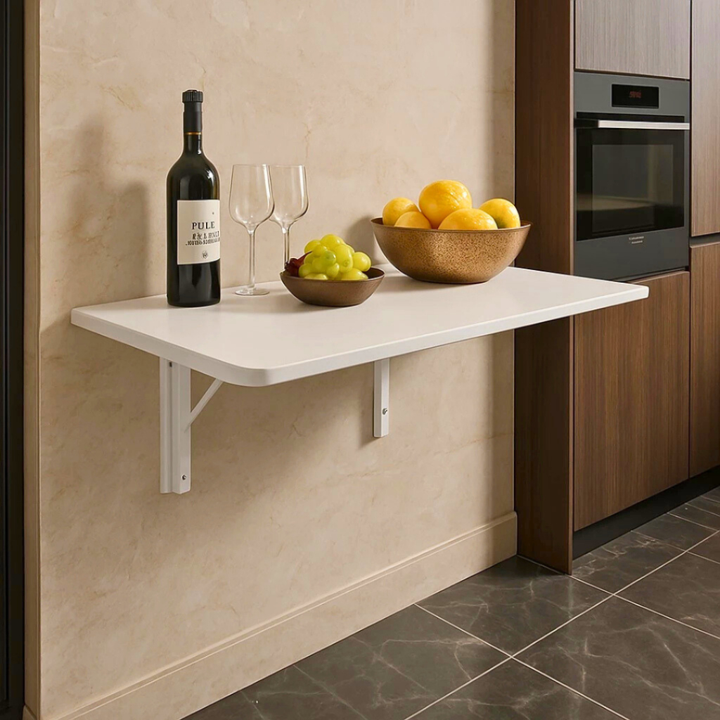 Mesa Dobravel Retratil de Parede Borda Redonda 100cm x 50Cm Suspensa para cozinha pequena