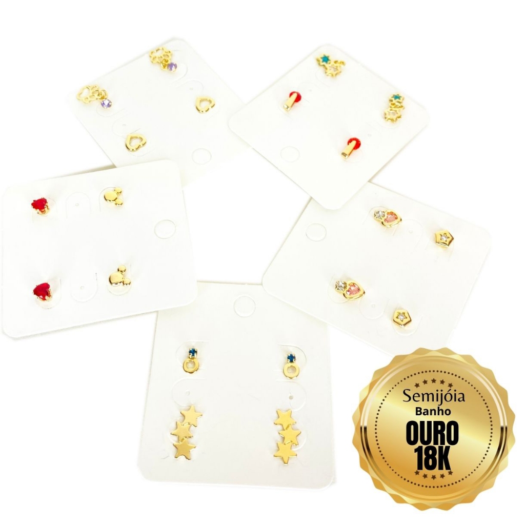 Kit Brinco Infantil Antialérgico c/ Banho Ouro 18k - 5 Pares Lindos P/ Bebês, Crianças Sensíveis